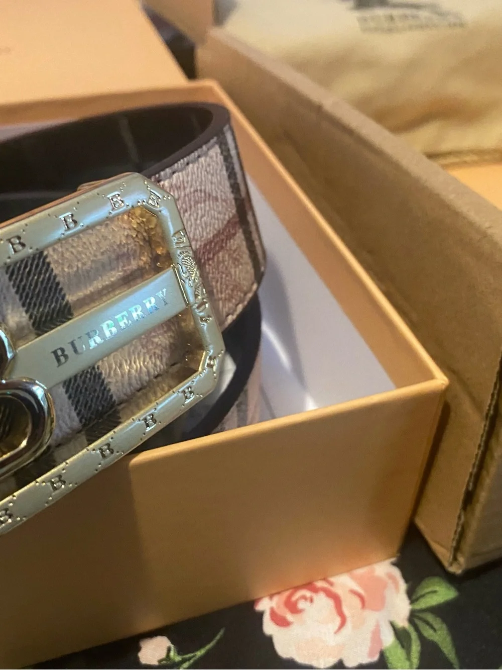 Burberry Plaid Leather Belt with Gold B Initial Buckle